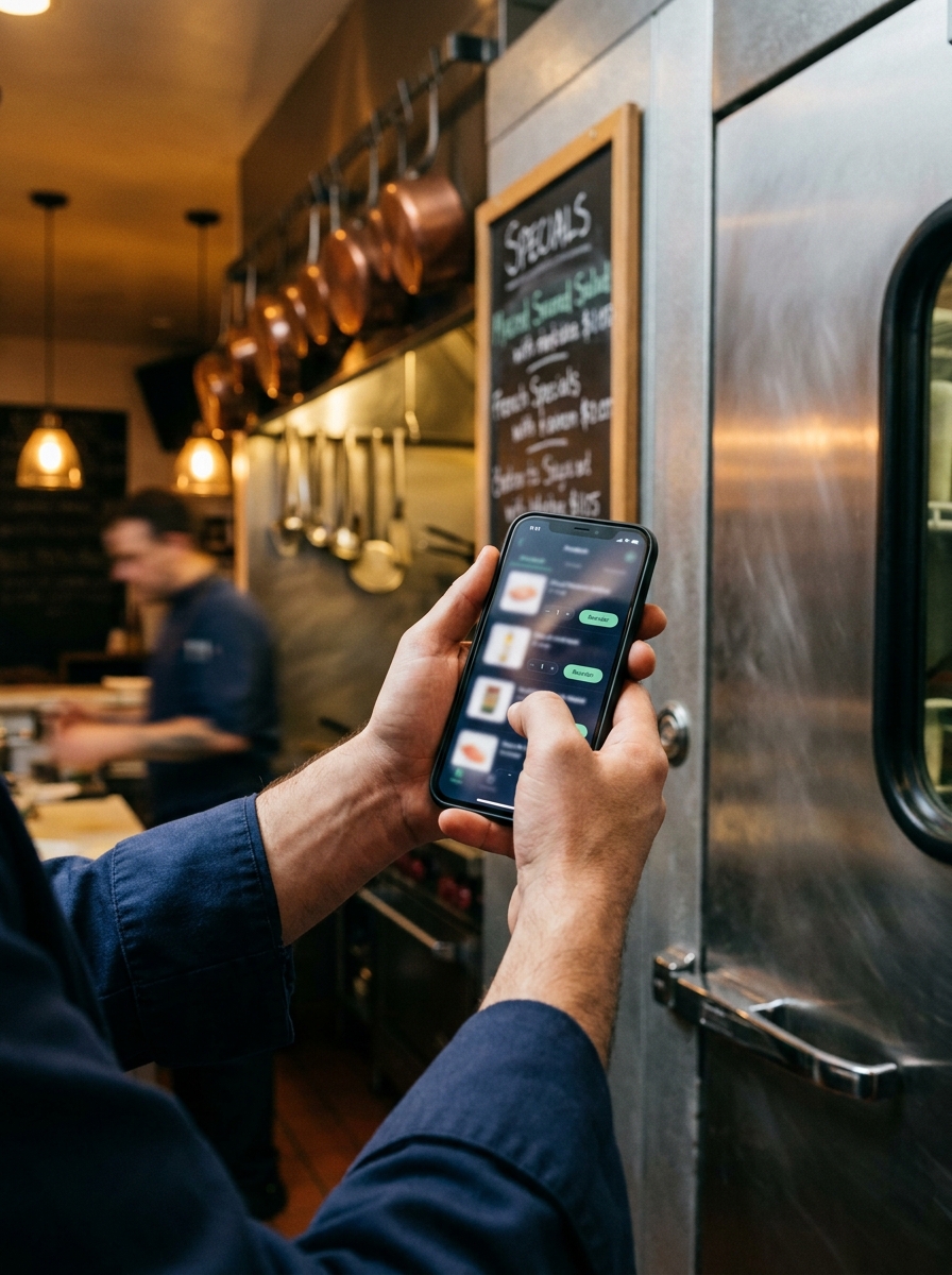 HF Foods app on a phone in a restaurant kitchen