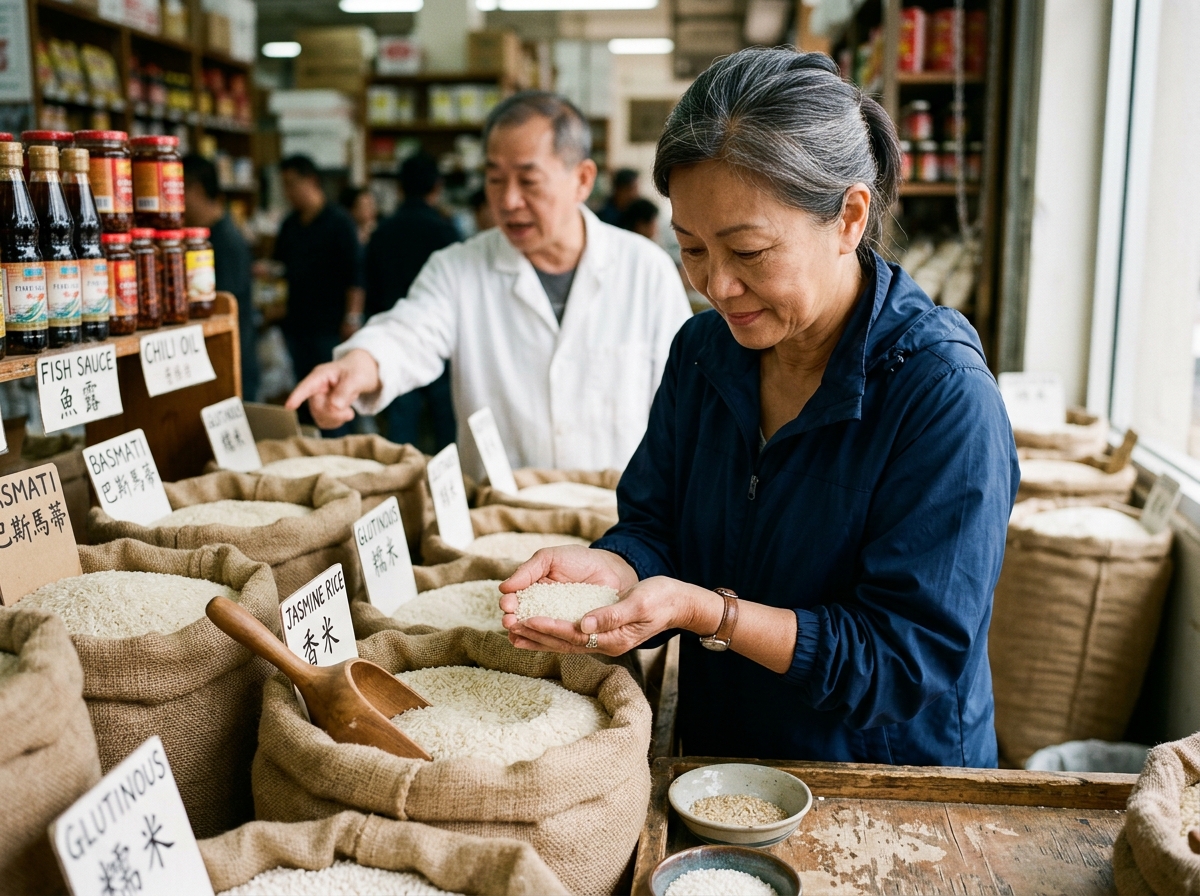 An HF Foods specialty buyer inspecting jasmine rice with a supplier in their wholesale Asian foodservice market