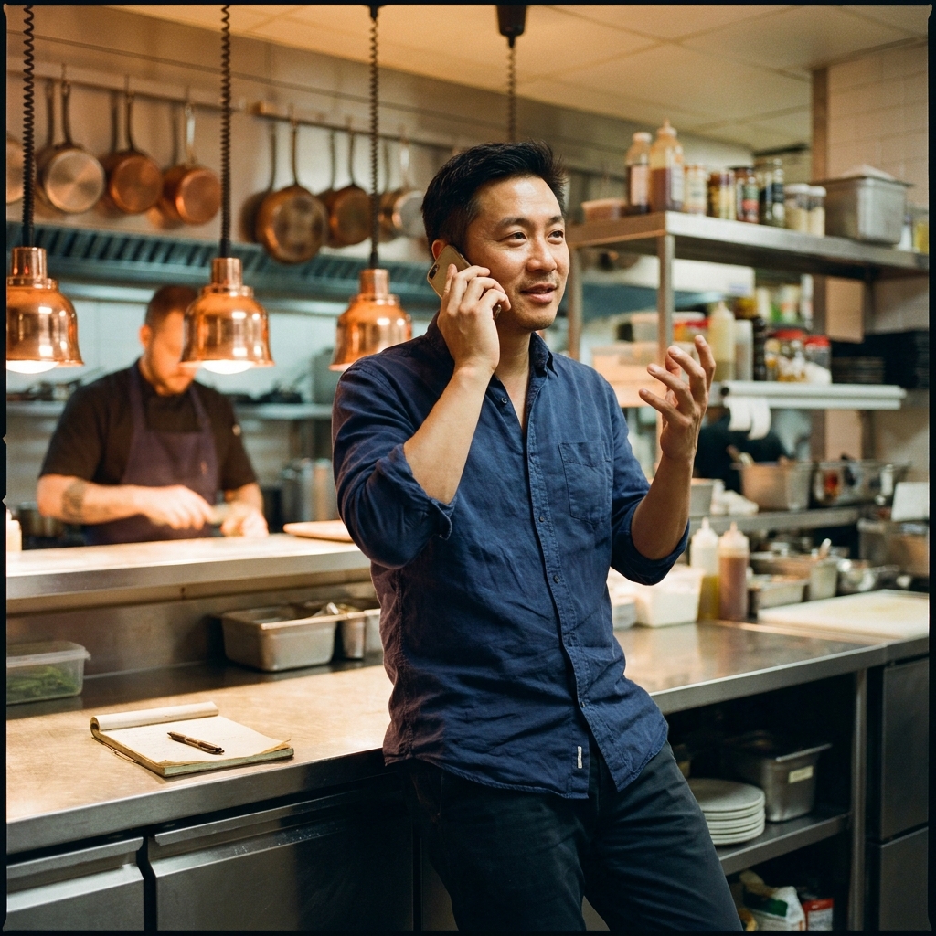 An HF Foods sales rep on the phone in a customer's kitchen